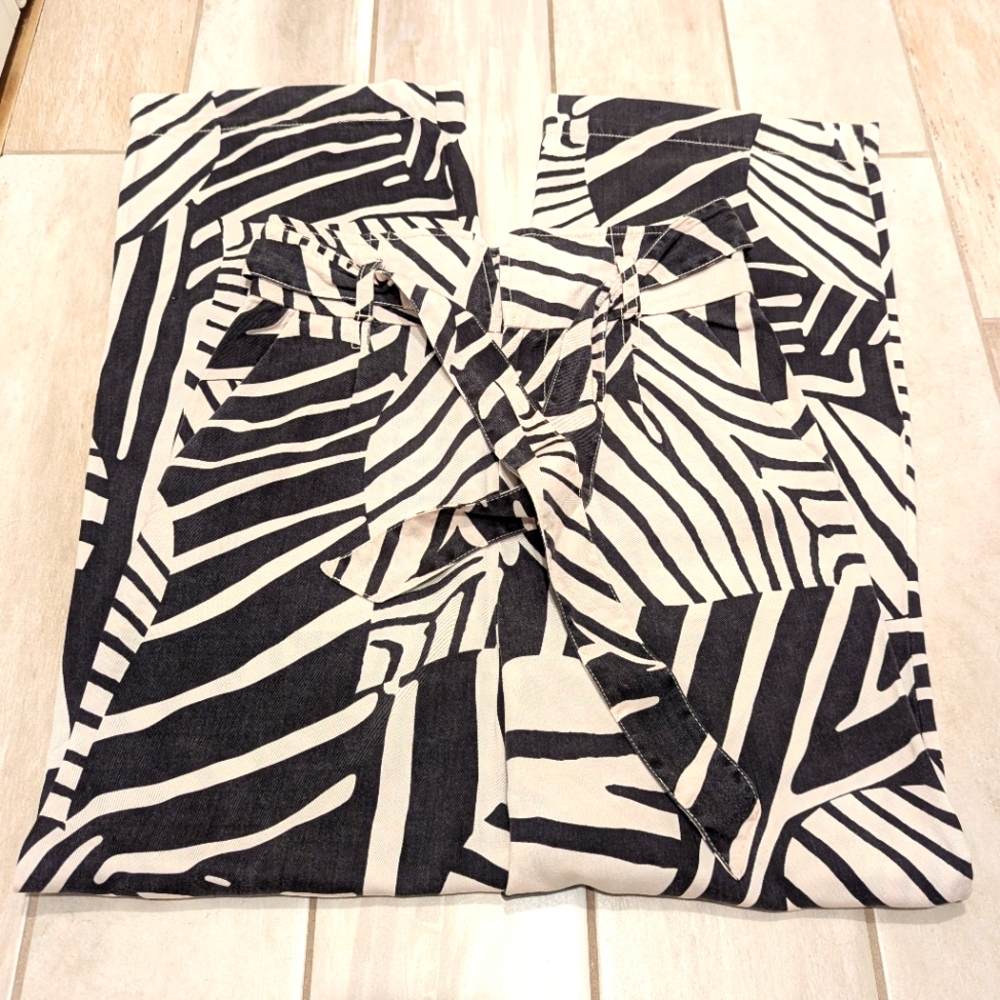 Anthropologie Wide Leg High Rise Belted Trouser Pants Black Cream Print 4 27 - Picture 4 of 7